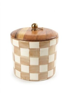 Mocha Check Ceramic Canister with Gold Knob Wooden Lid- White & Tan